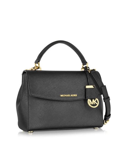 black michael kors satchel with front silver lat noch|Michael Kors small black satchel.